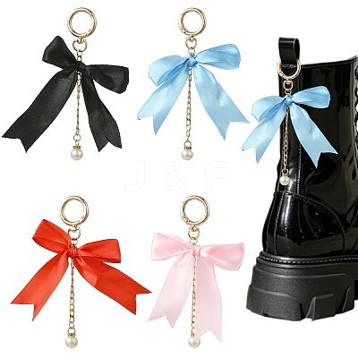2Pcs Aluminum & Polyester Bowknot & Acrylic Pearl Shoes Charms HJEW-YW00535-01-1
