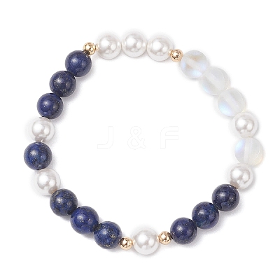 Natural Lapis Lazuli & Synthetic Moonstone & Shell Pearl Round Beaded Stretch Bracelets for Women BJEW-JB12548-1