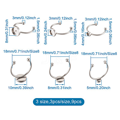 9Pcs 3 Styles 304 Stainless Steel Cuff Pad Ring Settings STAS-PJ0001-16P-1