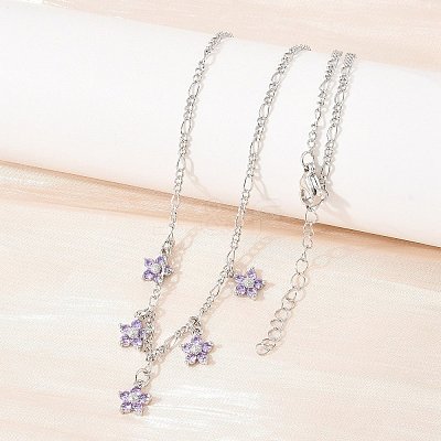 Brass Pave Lilac Cubic Zirconia Flower Pendant Figaro Chain Bib Necklaces for Women NJEW-F364-01P-1