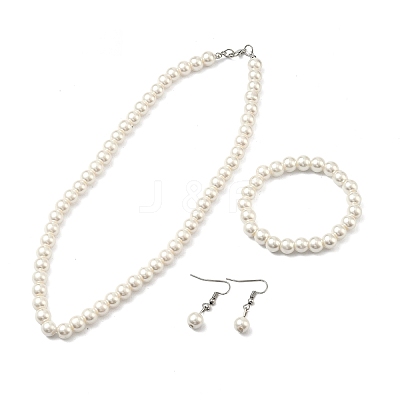 Round Plastic Imitation Pearl Beaded Necklaces & Dangle Earring & Bracelets Sets FS-WGF01A4-01-1