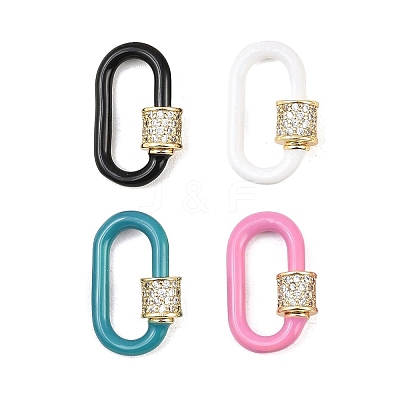 Oval Brass Micro Pave Clear Cubic Zirconia Screw Carabiner Clasps KK-B167-01A-G-1
