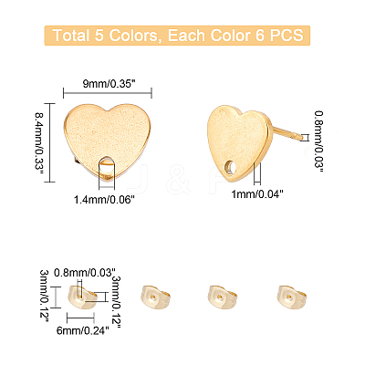 30Pcs 5 Colors Ion Plating(IP) Heart Shape 304 Stainless Steel Stud Earring Findings EJEW-DC0001-01-1