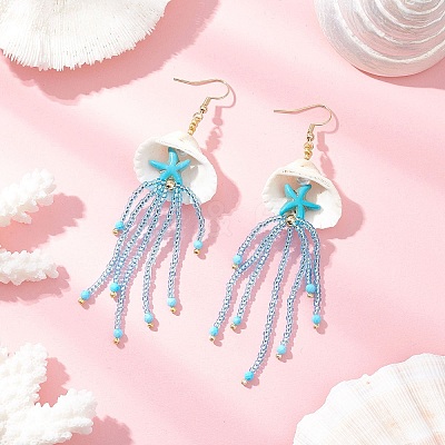 304 Stainless Steel Dyed Synthetic Turquoise Glass Seed Beaded Jellyfish Dangle Earrings EJEW-MZ00529-03-1