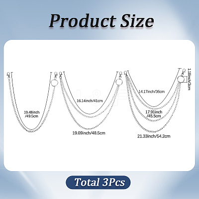 3Pcs 3 Styles Alloy & Iron Ring Chain Belts for Pants AJEW-SC0031-15-1