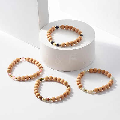 Natural Wood & Gemstone Beaded Stretch Bracelet BJEW-JB07820-1
