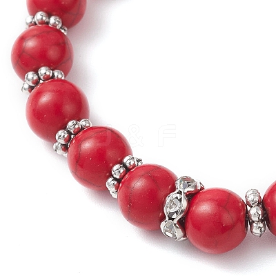 Halloween Brass Crystal Rhinestone & Dyed Synthetic Turquoise Skull & Round Beaded Stretch Bracelets for Men Women BJEW-JB12254-01-1