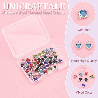 48Pcs 8 Colors Electroplated Natural Quartz Stainless Steel Faceted Heart Charms STAS-UN0056-89-1