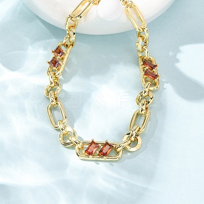Ring & Paperclip Brass Micro Pave Cubic Zirconia Link Chain Bracelets for Women BJEW-D458-03G-07-1