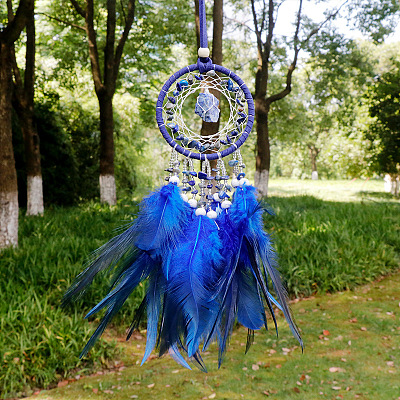 Natural Lapis Lazuli Woven Web/Net with Feather Pendant Decorations PW-WG69741-04-1