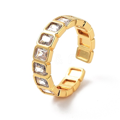 Rectangle Brass Micro Pave Cubic Zirconia Open Cuff Ring for Women RJEW-Z044-04G-03-1