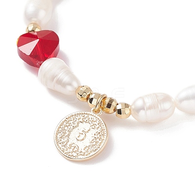 Natural Pearl & Millefiori Glass Beaded Stretch Bracelet with Heart and Coin Charm for Women BJEW-TA00060-1