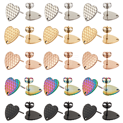 30Pcs 5 Colors Ion Plating(IP) Heart Shape 304 Stainless Steel Stud Earring Findings EJEW-UN0001-68-1
