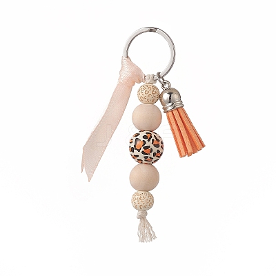 Cube & Round & Octagon Wooden Beaded Pendant Keychain KEYC-JKC00462-1