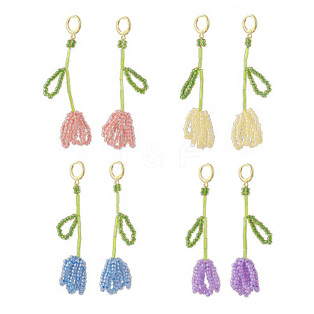 4 Pair 4 Colors Seed Braided Tulip Flower Dangle Leverback Earrings EJEW-TA00199-1