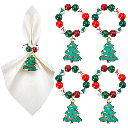 Christmas Tree Wood Beaded Napkin Rings AJEW-SC00038-1