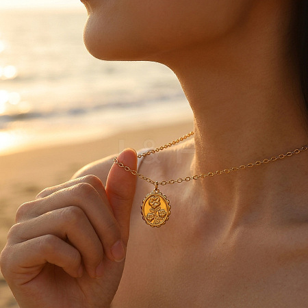 304 Stainless Steel Embossed Flower Oval Pendant Necklaces for Women WGAFB1B-01-1