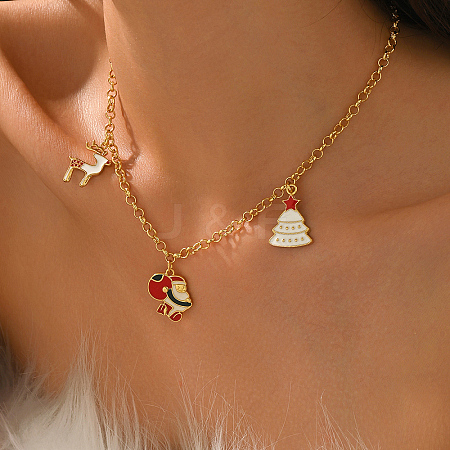 Brass Enamel Christmas Tree Santa Claus Reindeer Pendant Bib Necklaces for Women SB7125-1