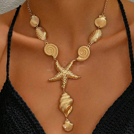 Ocean Iron Conch Shell Starfish Shape Pendant Y Necklaces for Vacation Beach Travel Jewelry LS-YJ1922-1