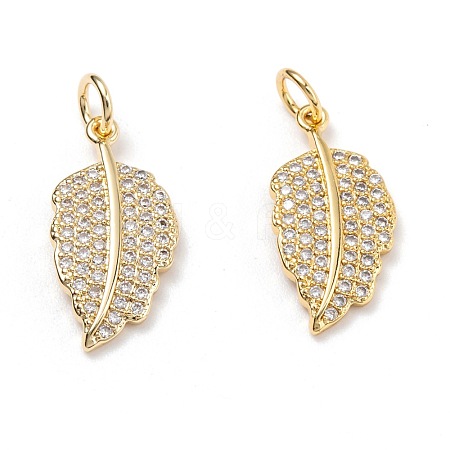  Jewelry Beads Findings Brass Pendants, with Clear Cubic Zirconia and Jump Rings, Leaf, Golden, 19x10x2mm; Jump Ring: 5x1mm; 3mm Inner Diameter