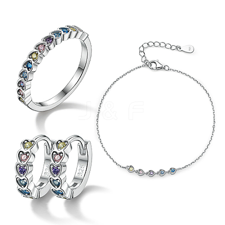 Anti-Tarnish Rhodium Plated Sterling Silver Heart Finger Rings & Link Bracelets & Hoop Earrings ES9944-9-1