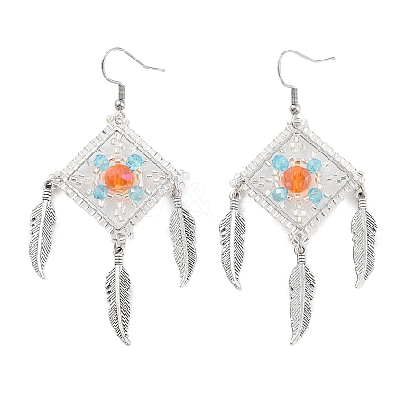 Glass Seed Bead Feather Dangle Earrings EJEW-MZ00284-1