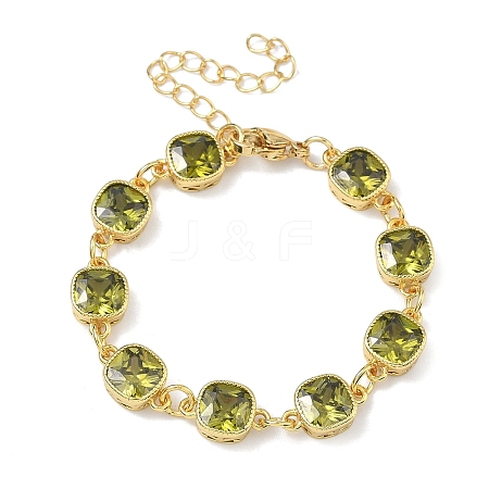 Square Brass Pave Cubic Zirconia Link Chain Bracelets for Women BJEW-P385-08G-07-1