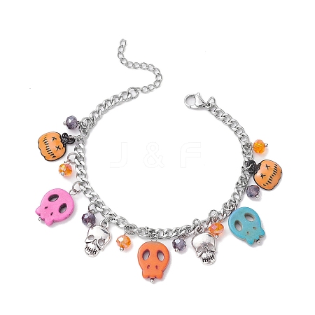 Halloween Skull Dyed Synthetic Turquoise Charm Bracelets BJEW-TA00505-1