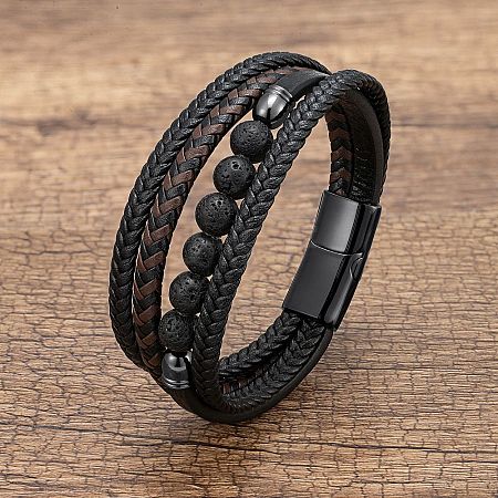 Natural Lava Rock Round Beads & Braided Imitation Leather Cord Bracelets for Men FS-WGCE7B3-03-1