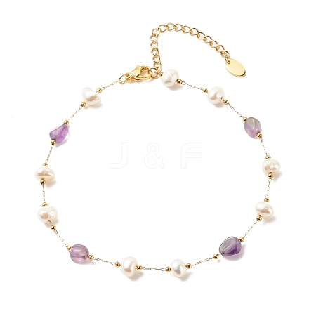 Natural Amethyst & Pearl Beaded Anklet AJEW-AN00500-03-1