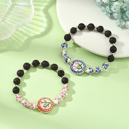 2Pcs 2 Colors Handmade Printed Porcelain Floral Flat Round & Round Natural Lava Rock Beaded Stretch Bracelet Sets BJEW-JB14186-1