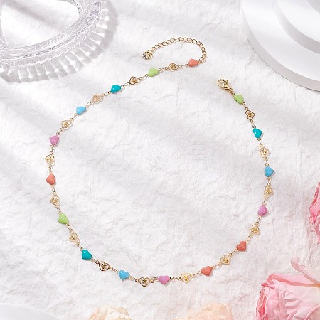 304 Stainless Steel Enamel Colorful Heart Link Chain Necklaces for Women NJEW-JN05165-1