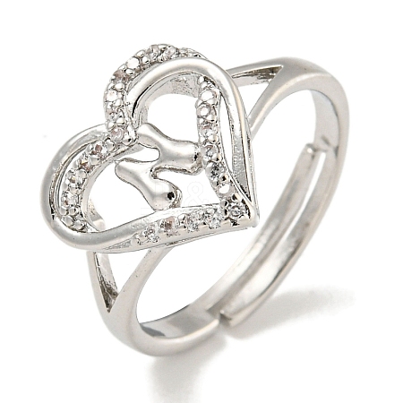 Heart with Letter Rack Plating Brass Micro Pave Clear Cubic Zirconia Adjustable Rings for Women RJEW-I105-01P-N-1