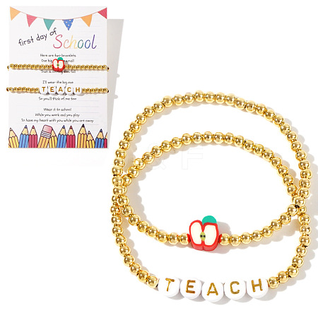 2Pcs 2 Styles Back-to-School Theme Brass Round Beads Stretch Bracelets EL1686-1-1