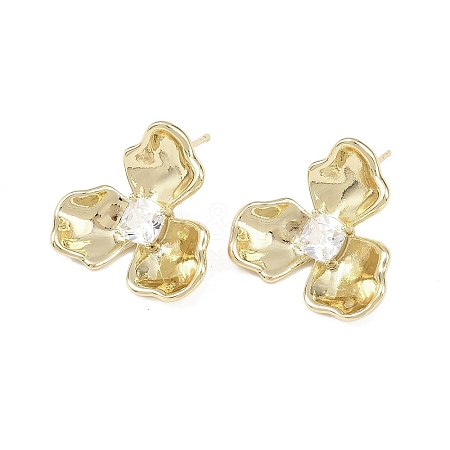 Flower Brass Micro Pave Clear Cubic Zirconia Stud Earring Findings KK-F921-03G-1