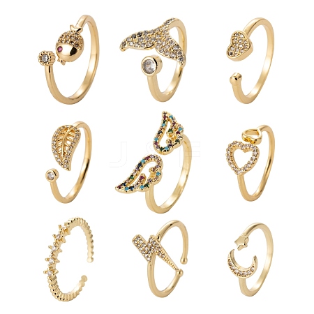 9Pcs 9 Style Brass Micro Pave Clear Cubic Zirconia Cuff Rings RJEW-LS0001-47G-1