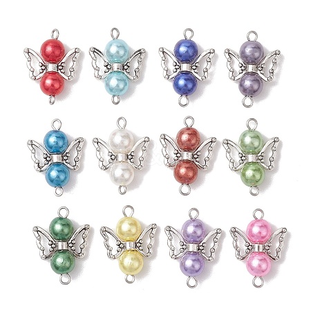 12Pcs 12 Colors Acrylic Imitaiton Pearl Angel Connetctor Charms with Antique Silver Tone Alloy Wings PALLOY-JF02696-1