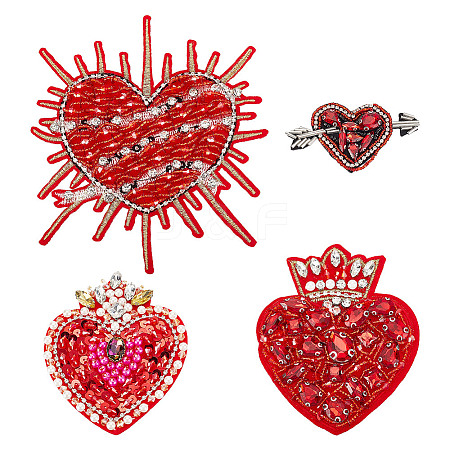 GOMAKERER 4Pcs 4 Style Heart Shape Rhinestone Appliques PATC-GO0001-05-1