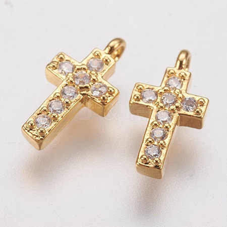 Brass Micro Pave Cubic Zirconia Tiny Cross Charms ZIRC-G133-06G-1