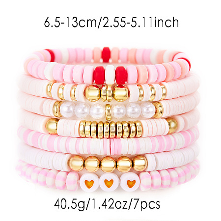 7Pcs Heart Pattern Polymer Clay & Plastic Pearl & CCB Plastic Beaded Stretch Bracelet Set for Women FS-WG634BB-07-1