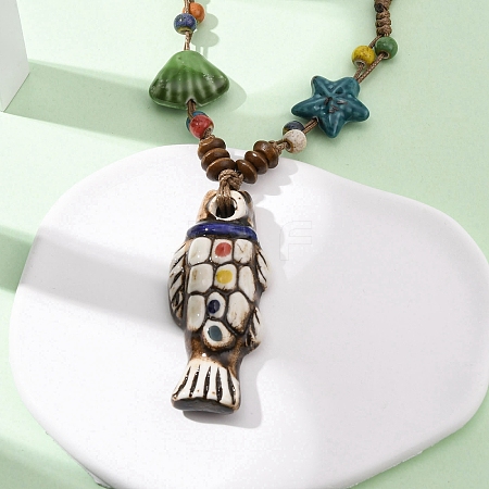 Ceramic Fish Pendant Adjustable Waxed Cord Necklaces for Women NJEW-B146-05-1