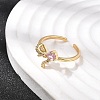 Brass Pave Pink and Clear Cubic Zirconia Cuff Rings RJEW-P173-01G-02-3