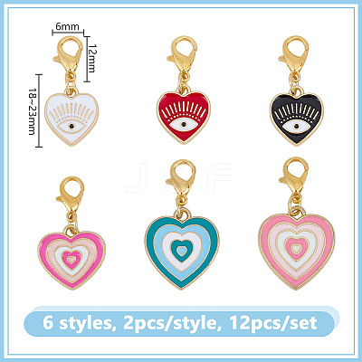12Pcs 6 Styles Heart Alloy Enamel Pendant Decorations HJEW-DR00135-1