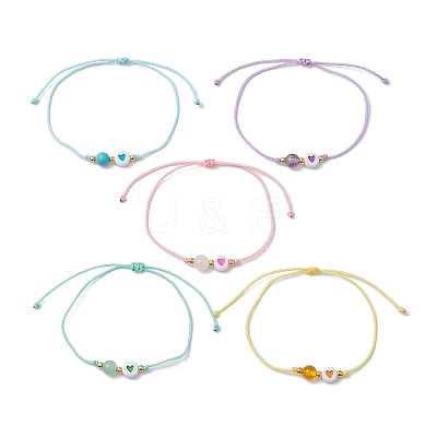 6mm Round Gemstone & Acrylic Enamel Heart Braided Bead Bracelets for Women BJEW-JB10773-1