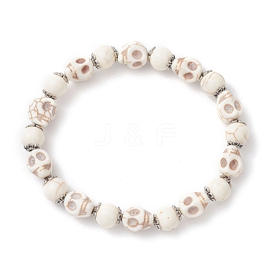 4Pcs 4 Colors Halloween Dyed Synthetic Turquoise Skull & Round Beaded Stretch Bracelet Sets for Men Women BJEW-JB12255-1