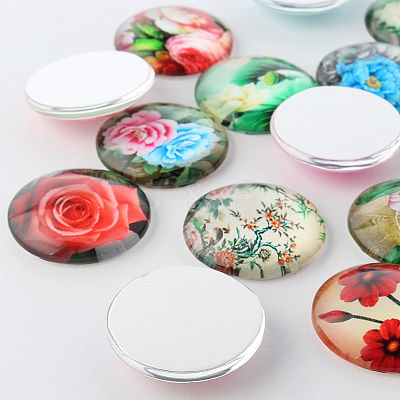 Flower Printed Glass Cabochons GGLA-A002-14mm-BB-1