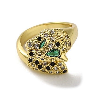 Rack Plating Brass Micro Pave Cubic Zirconia Leopard Finger Ring RJEW-A036-01G-1