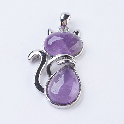 Natural Amethyst Kitten Pendants X-G-P352-B06-1