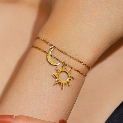 304 Stainless Steel Moon Sun Charm Bracelet Sets WGAA23A-04-1