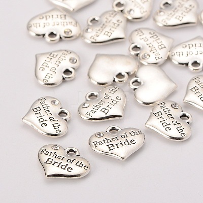 Wedding Theme Antique Silver Tone Tibetan Style Alloy Heart with Father of the Bride Rhinestone Charms TIBEP-N005-19C-1
